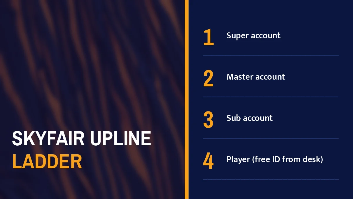 SkyFair upline ladder card listing Super account, Master account, Sub account and Player (free ID from desk)