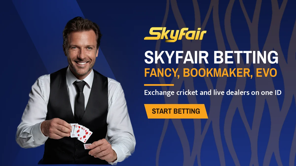 SkyFair Betting banner: Fancy, bookmaker, evo, Exchange cricket and live dealers on one ID, with a card dealer fanning a deck