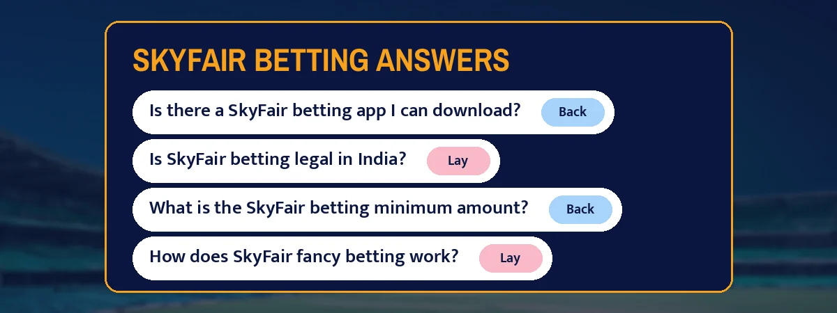 SkyFair betting answers strip with questions such as Is there a SkyFair betting app I can download?