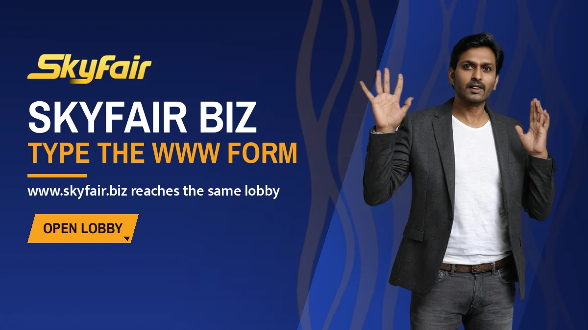 SkyFair Biz banner: Type the www form, www.skyfair.biz reaches the same lobby, with a presenter in a charcoal blazer