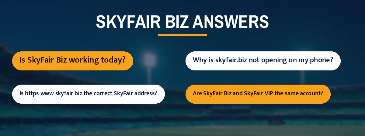 SkyFair biz answers strip with questions such as Is SkyFair Biz working today?