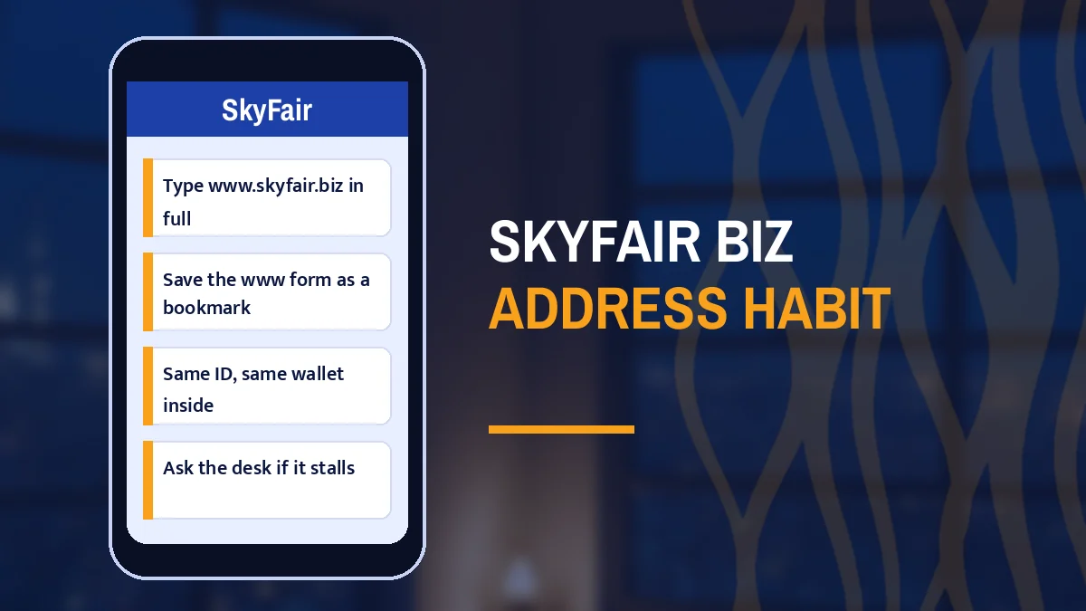 SkyFair biz address habit card listing Type www.skyfair.biz in full, Save the www form as a bookmark, Same ID, same wallet inside and Ask the desk if it stalls