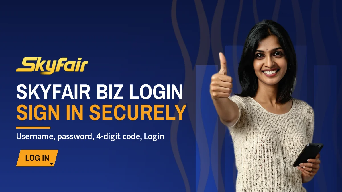SkyFair Biz Login banner: Sign in securely, Username, password, 4-digit code, Login, with a woman giving a thumbs-up with her phone
