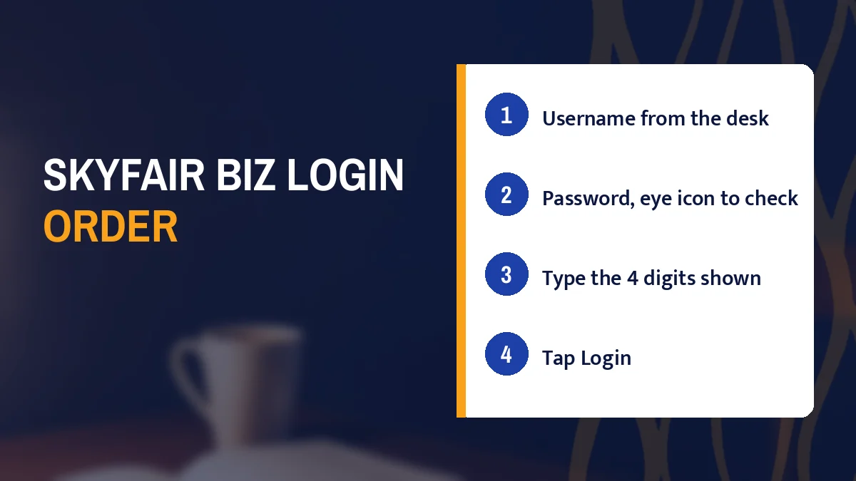SkyFair biz login order card listing 1  Username from the desk, 2  Password, eye icon to check, 3  Type the 4 digits shown and 4  Tap Login