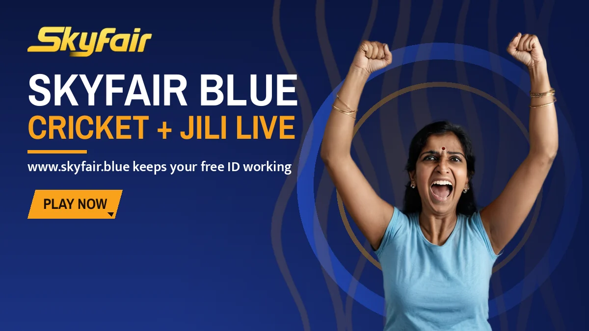 SkyFair Blue banner: Cricket + jili live, www.skyfair.blue keeps your free ID working, with a fan with both fists raised