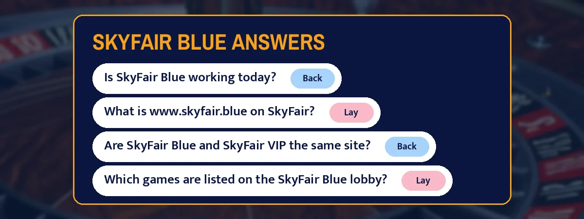 SkyFair blue answers strip with questions such as Is SkyFair Blue working today?