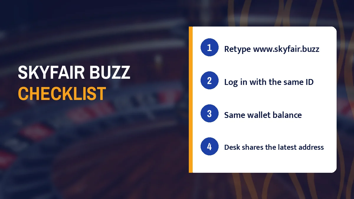 SkyFair buzz checklist card listing Retype www.skyfair.buzz, Log in with the same ID, Same wallet balance and Desk shares the latest address