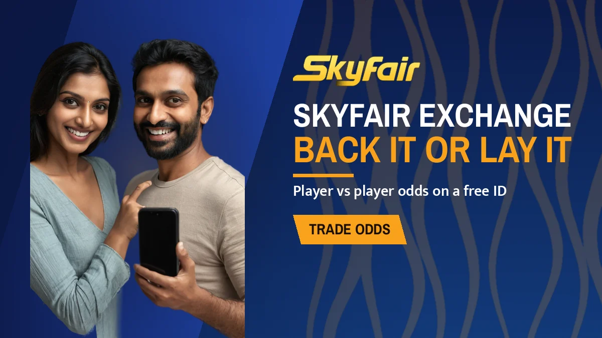 SkyFair Exchange banner: Back it or lay it, Player vs player odds on a free ID, with a couple sharing one phone
