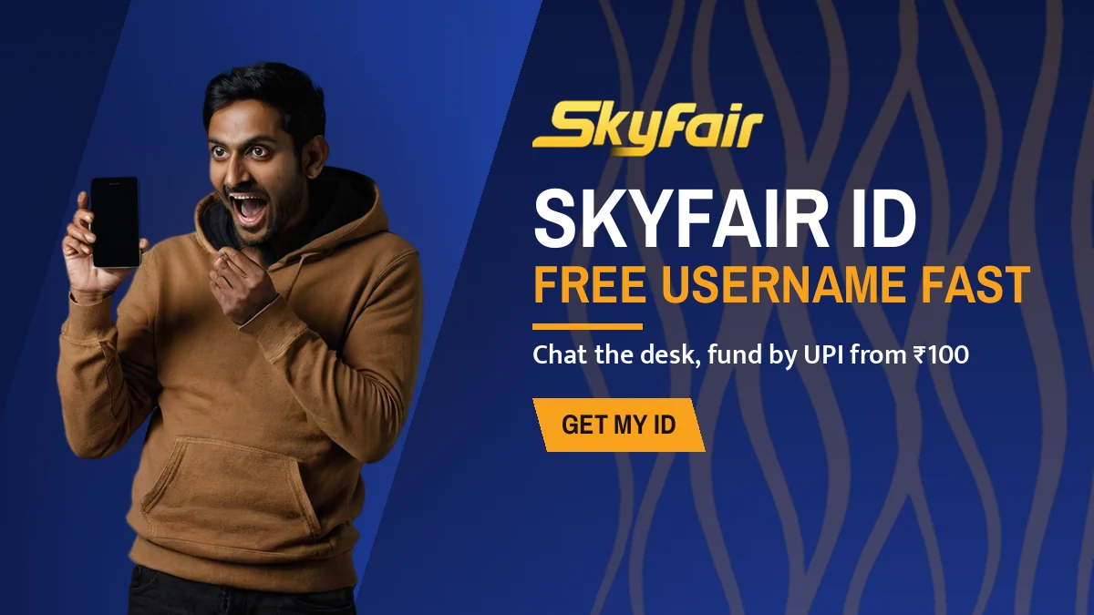 SkyFair Id banner: Free username fast, Chat the desk, fund by UPI from ₹100, with a man cheering with his phone