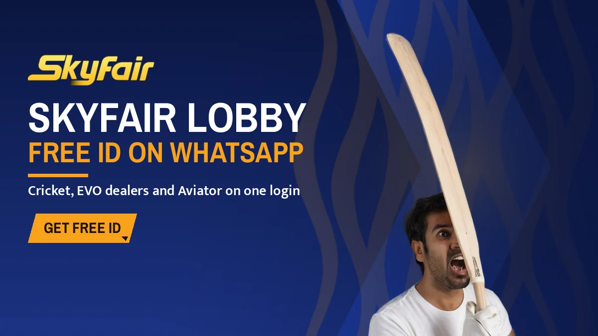 SkyFair Lobby banner: Free id on whatsapp, Cricket, EVO dealers and Aviator on one login, with a batsman lifting his bat overhead