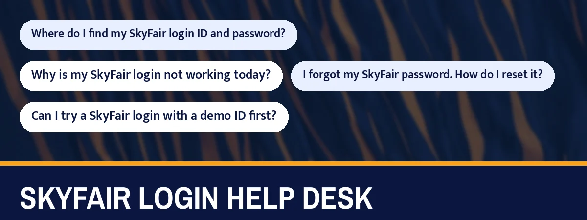 SkyFair login help desk strip with questions such as Where do I find my SkyFair login ID and password?