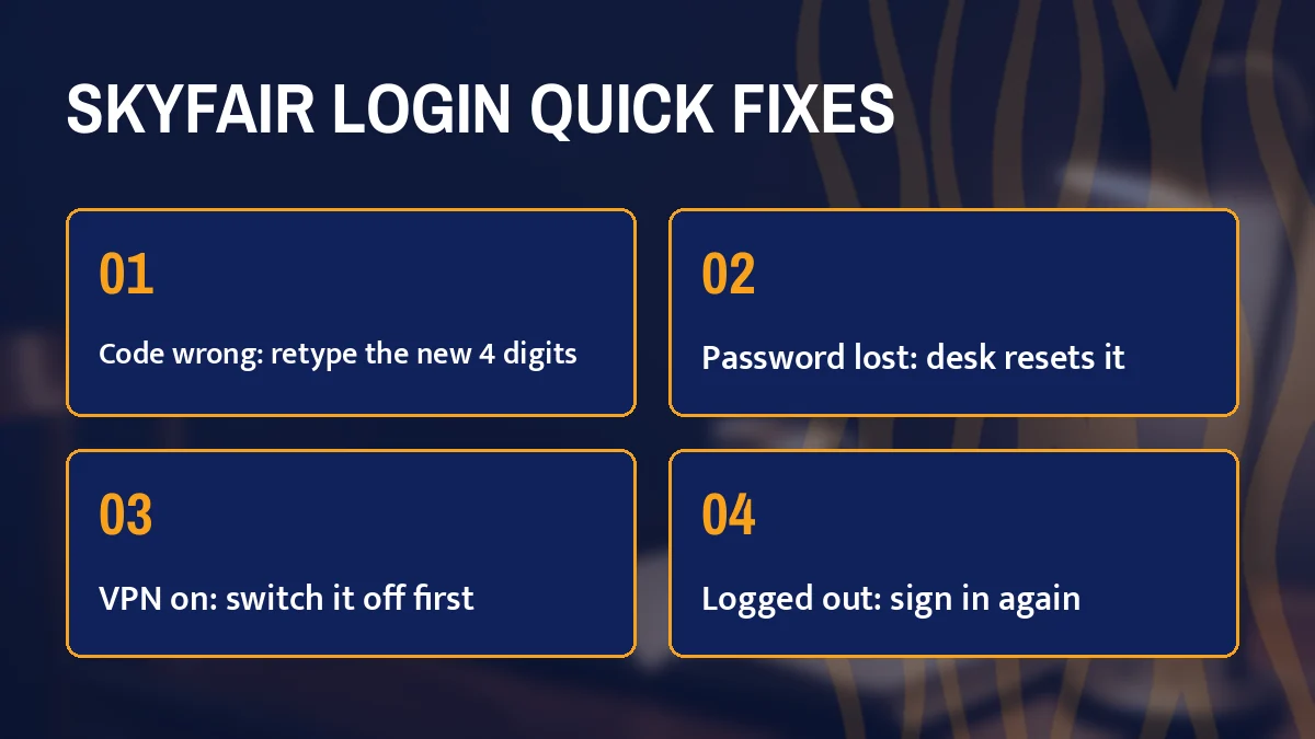 SkyFair login quick fixes card listing Code wrong: retype the new 4 digits, Password lost: desk resets it, VPN on: switch it off first and Logged out: sign in again