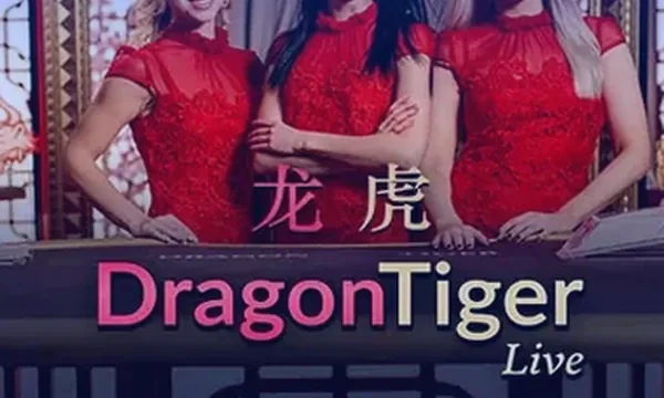 Dragon Tiger Live card with three dealers in red dresses