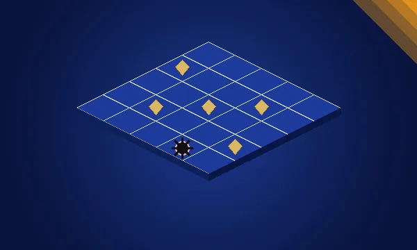 Isometric grid of navy tiles with amber gems and one hidden mine for SkyFair Mine Sweeper