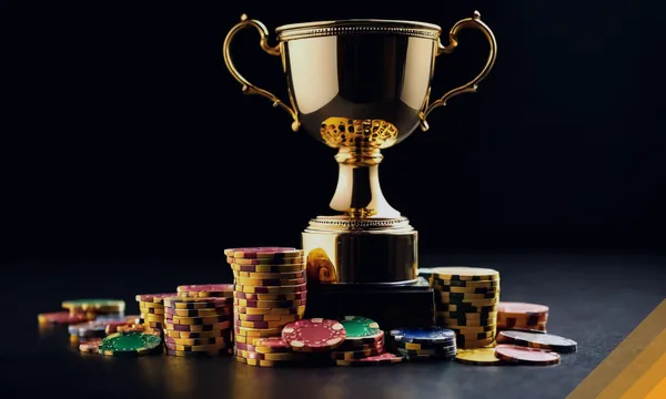 Gold trophy beside piles of casino chips for Pragmatic Play slots and shows