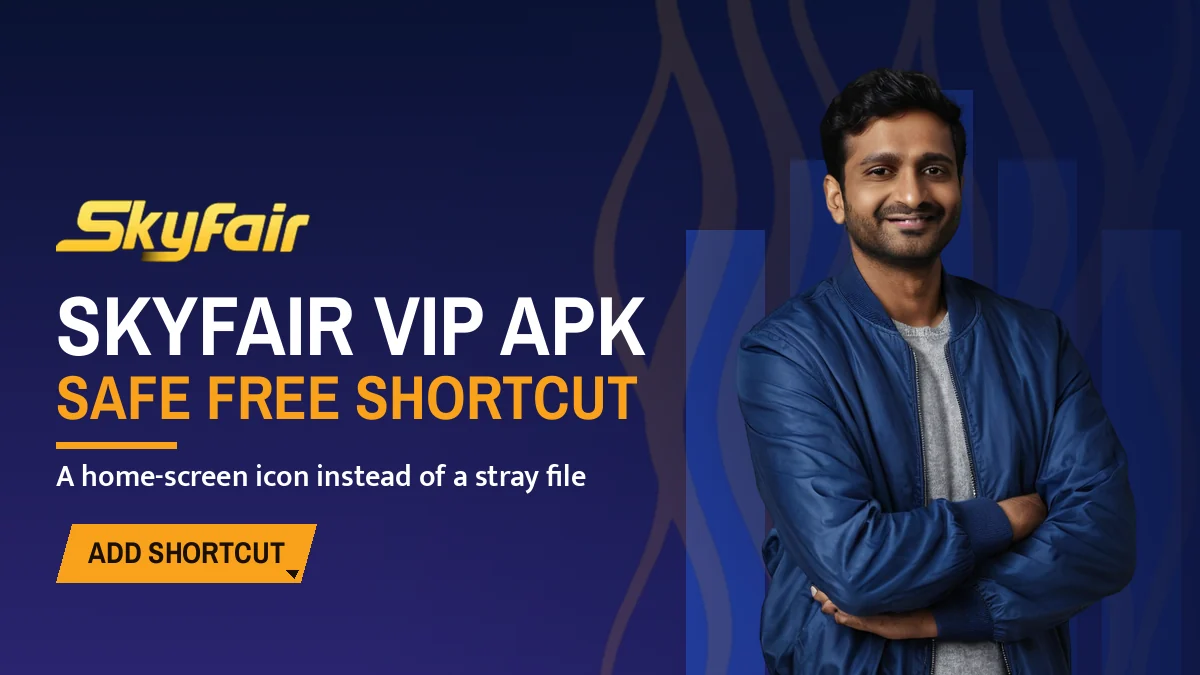SkyFair Vip Apk banner: Safe free shortcut, A home-screen icon instead of a stray file, with a man in a blue bomber jacket